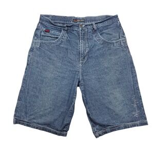 FUBU Apparel Company Mens Baggy Denim Shorts Blue Y2K Hip Hop Embroidered W38